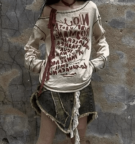 Retro Waste Distressed Long-sleeved T-shirt Top