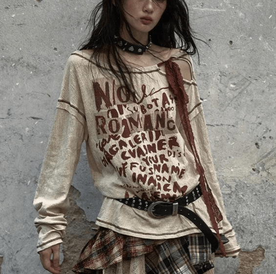 Retro Waste Distressed Long-sleeved T-shirt Top